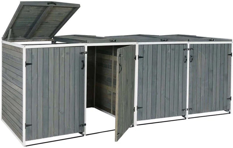 Abris de poubelles extérieur conteneurs à ordures jusqu'à 8 bacs avec couvercle 126x316x98 cm bois certifié FSC gris-blanc 04_0002871