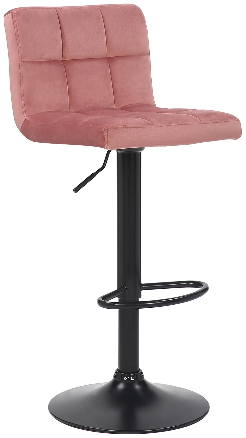 Tabouret de bar en velours rose avec pieds en métal noir assise rembourée repose-pieds pivotant TDB10178