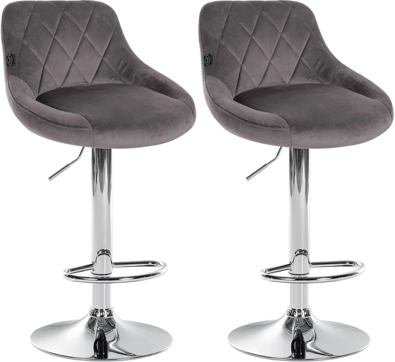 Set de 2 tabourets de bar coutures décoratives losanges assise en velours gris et cadre en métal chromé TDB10772