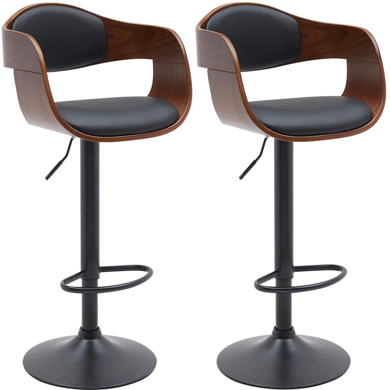 Set de 2 tabourets de bar chaises hautes pieds trompette en métal noir assise en bois marron et similicuir noir TDB10764