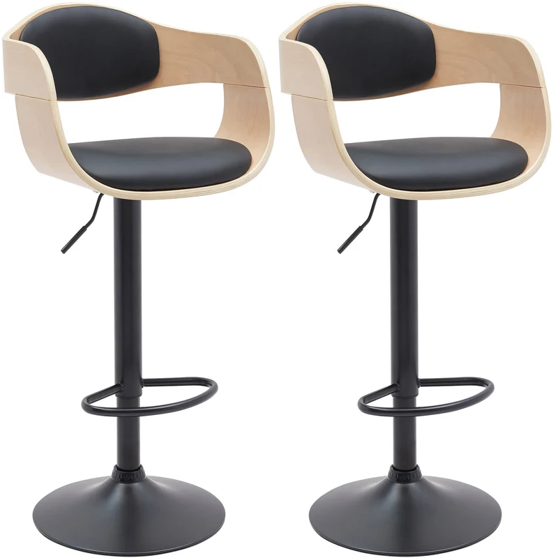 Set de 2 tabourets de bar chaises hautes pieds trompette en métal noir assise en bois clair et similicuir noir TDB10763