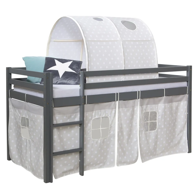 Lit mezzanine 90x200cm avec échelle en bois gris avec tissu étoile et tunnel LIT06178