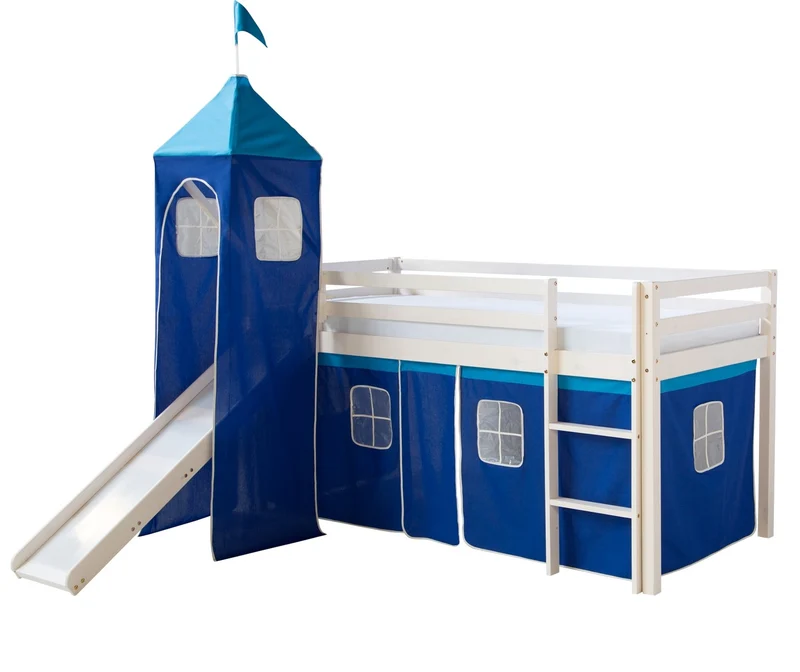 Lit mezzanine 90x200cm avec échelle toboggan en bois blanc et toile bleu incluse LIT06152