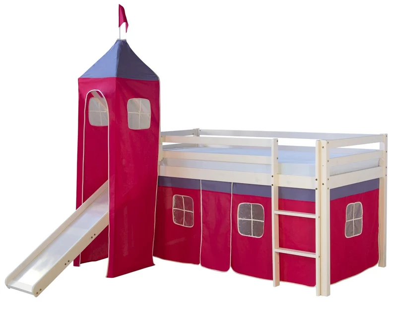 Lit mezzanine 90x200cm avec échelle toboggan en bois blanc et toile rouge incluse LIT06151