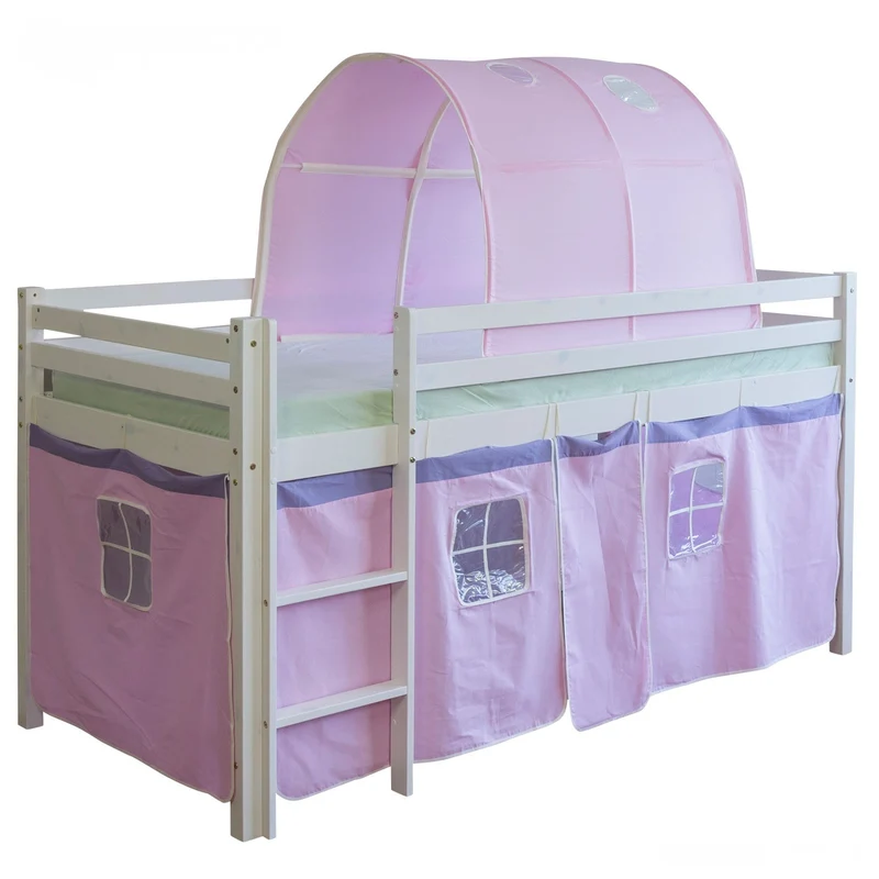 Lit mezzanine 90x200cm avec échelle en bois blanc toile et tunnel rose LIT06101
