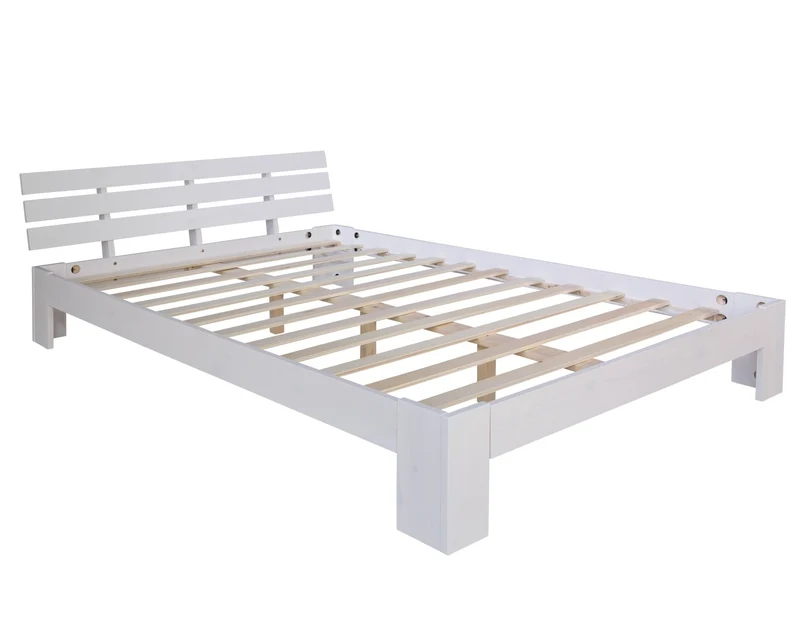 Lit double 2 personnes avec sommier à lattes en bois blanc 160x 200cm LIT06160