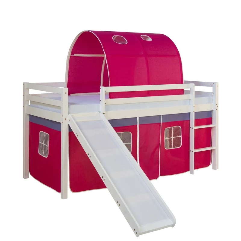 Lit mezzanine pour enfant avec sommier toboggan tunnel rideau modèle rose foncé 90x200 cm LIT06188