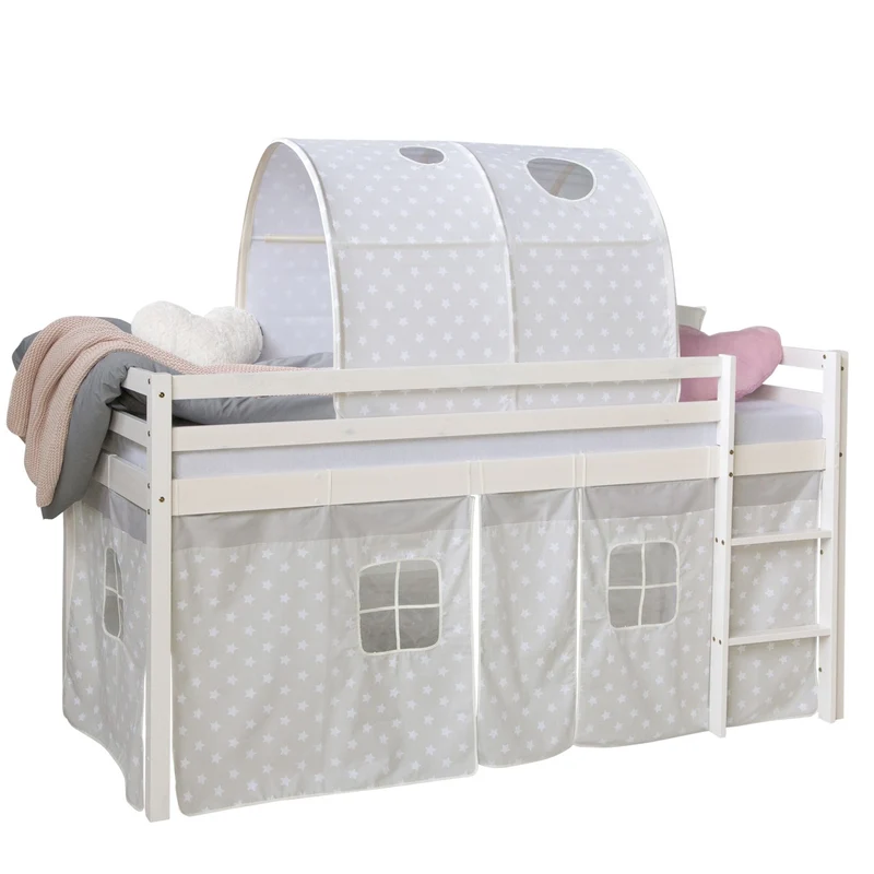 Lit mezzanine 90x200cm avec échelle en bois blanc avec tissu gris étoile et tunnel LIT06184