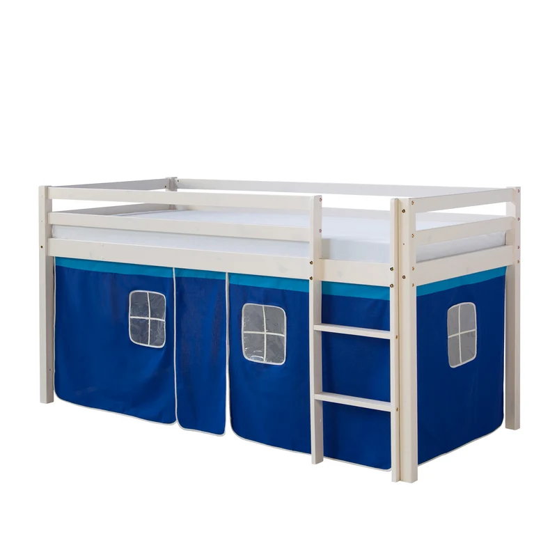 Lit mezzanine 90x200cm avec échelle en bois laqué blanc et toile bleu incluse LIT06011