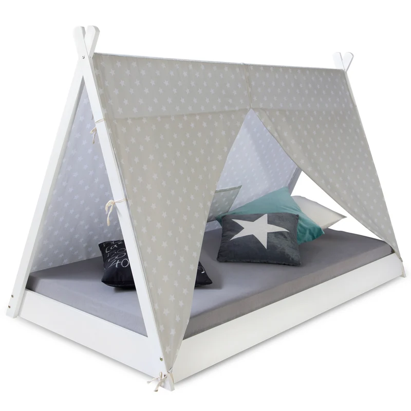 Lit pour enfant tipi tente indienne 90 x 200 cm en bois avec tissu et sommier LIT06166/2