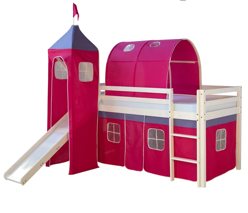 Lit mezzanine 90x200cm avec échelle toboggan en bois laqué blanc et toile rose foncé incluse LIT06010/3