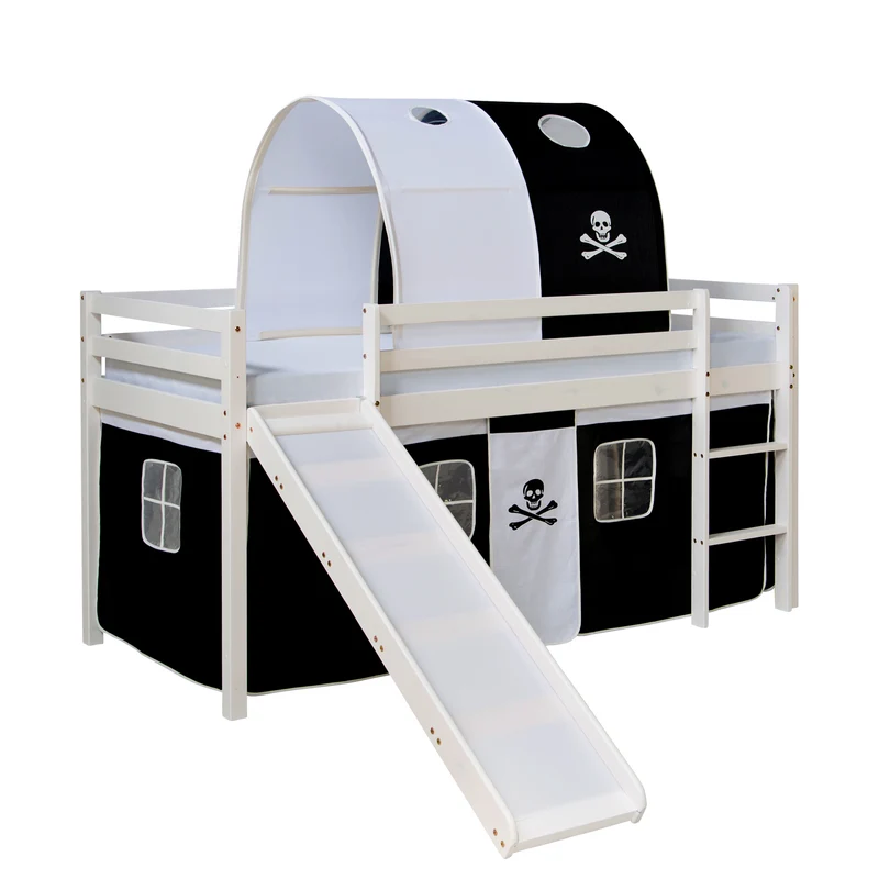 Lit mezzanine pour enfant avec sommier toboggan tunnel rideau modèle noir pirate 90x200 cm LIT06196