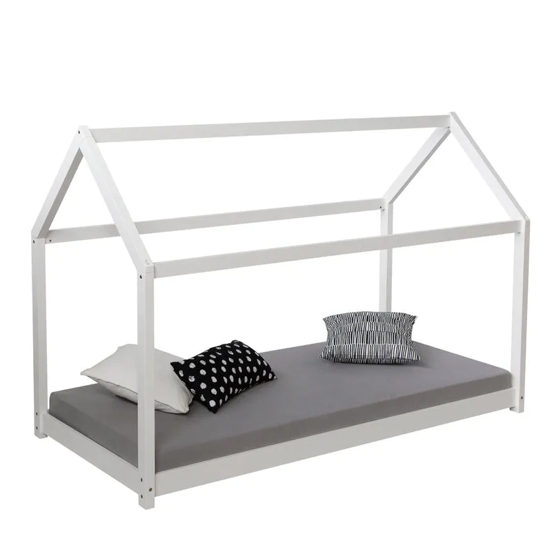 Lit cabane pour enfant en forme de maison en bois blanc avec sommier à lattes 80x160 cm LIT06198