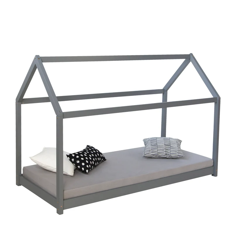 Lit cabane pour enfant en forme de maison en bois gris avec sommier à lattes 80x160 cm LIT06197
