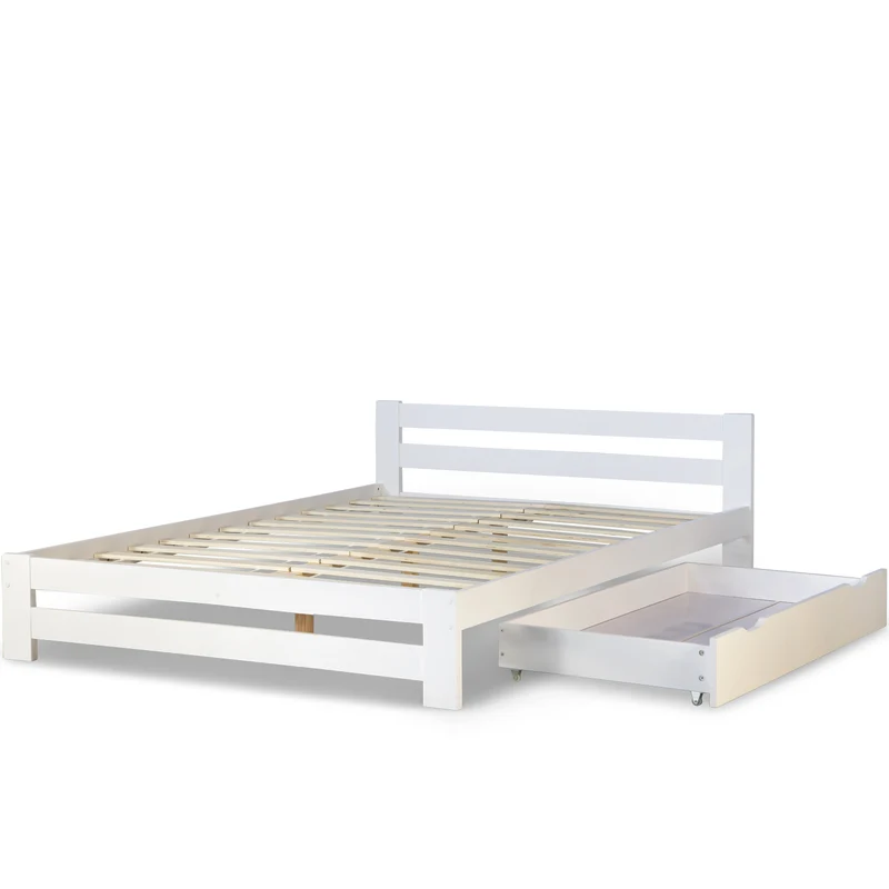 Lit double 2 personnes 140x200 cm avec tiroirs de rangement en bois blanc avec sommier à lattes LIT06212