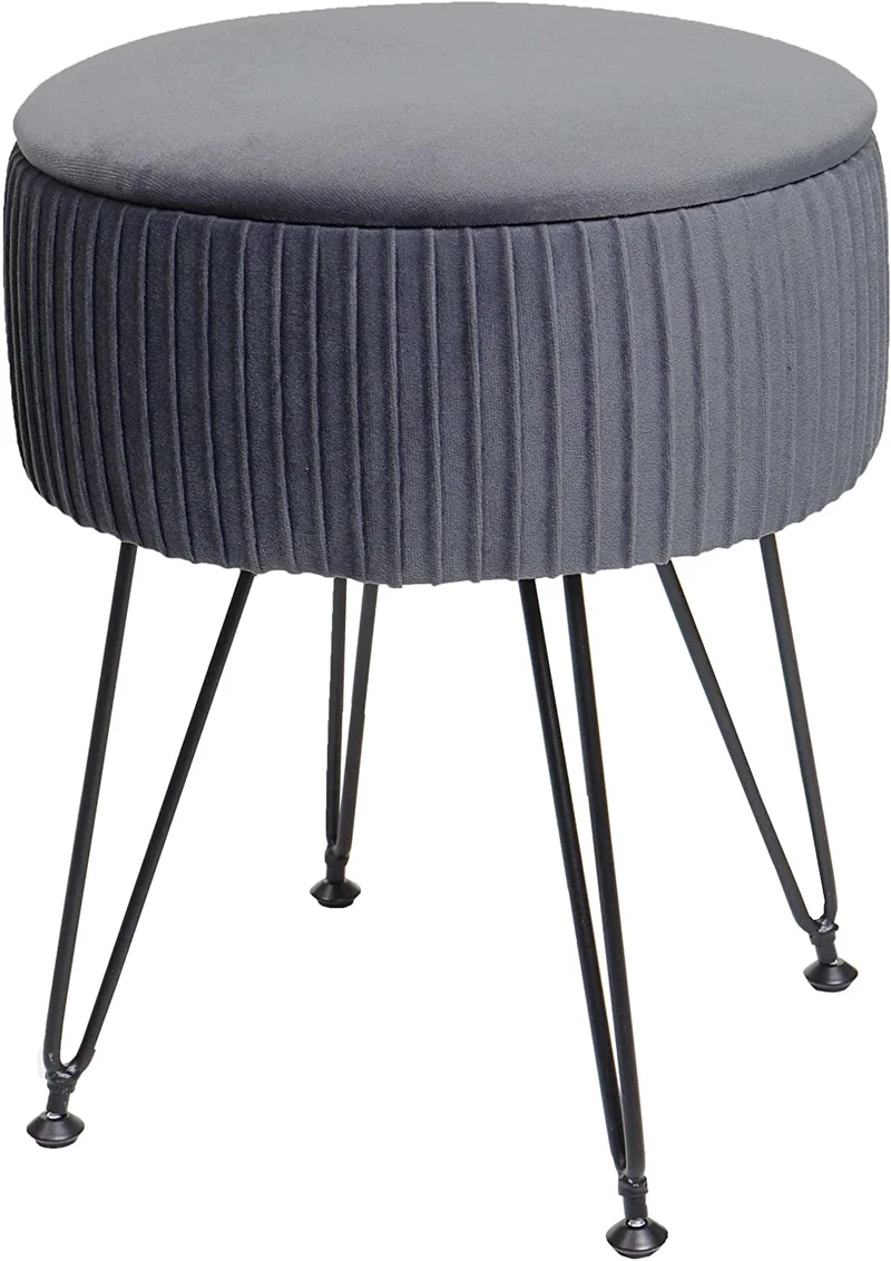 Tabouret avec compartiment de rangement Ø 33cm aspect velours gris clair cadre noir TABO04013