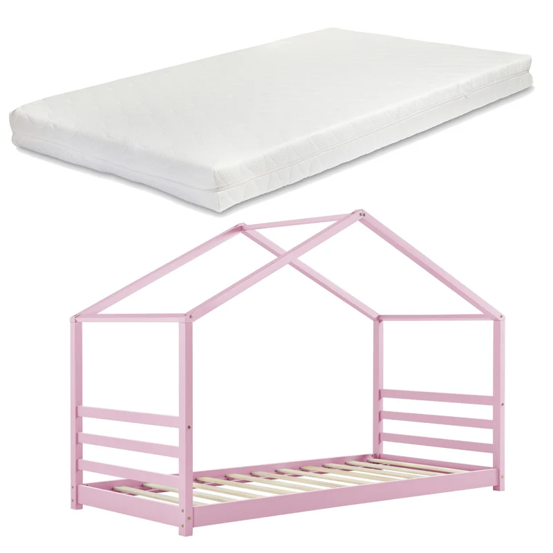 Lit pour enfant cabane maison avec matelas et sommier à lattes en bois de pin rose 90x200 cm 03_0005491