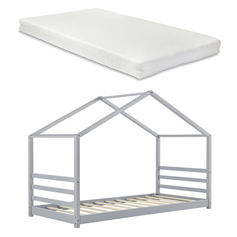 Lit cabane maison pour enfant avec matelas et sommier à lattes bois de pin gris 200 x 90 cm 03_0005534