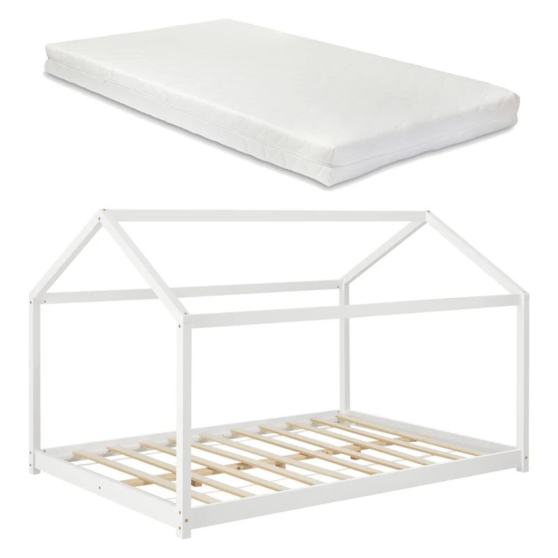 Lit pour enfant cabane maison avec matelas sommier à lattes bois de pin blanc 120 x 200 cm 03_0005509