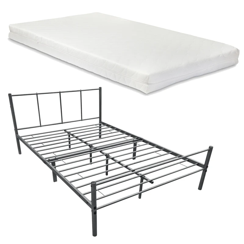 Lit double en métal avec lattes métalliques matelas mousse en acier laqué polyester 120x200 cm gris foncé Mat 03_0004893