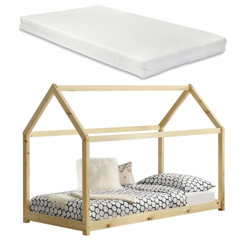 Lit d'enfant cabane maison avec matelas et sommier à lattes en pin bois naturel 90 x 200 cm 03_0002642