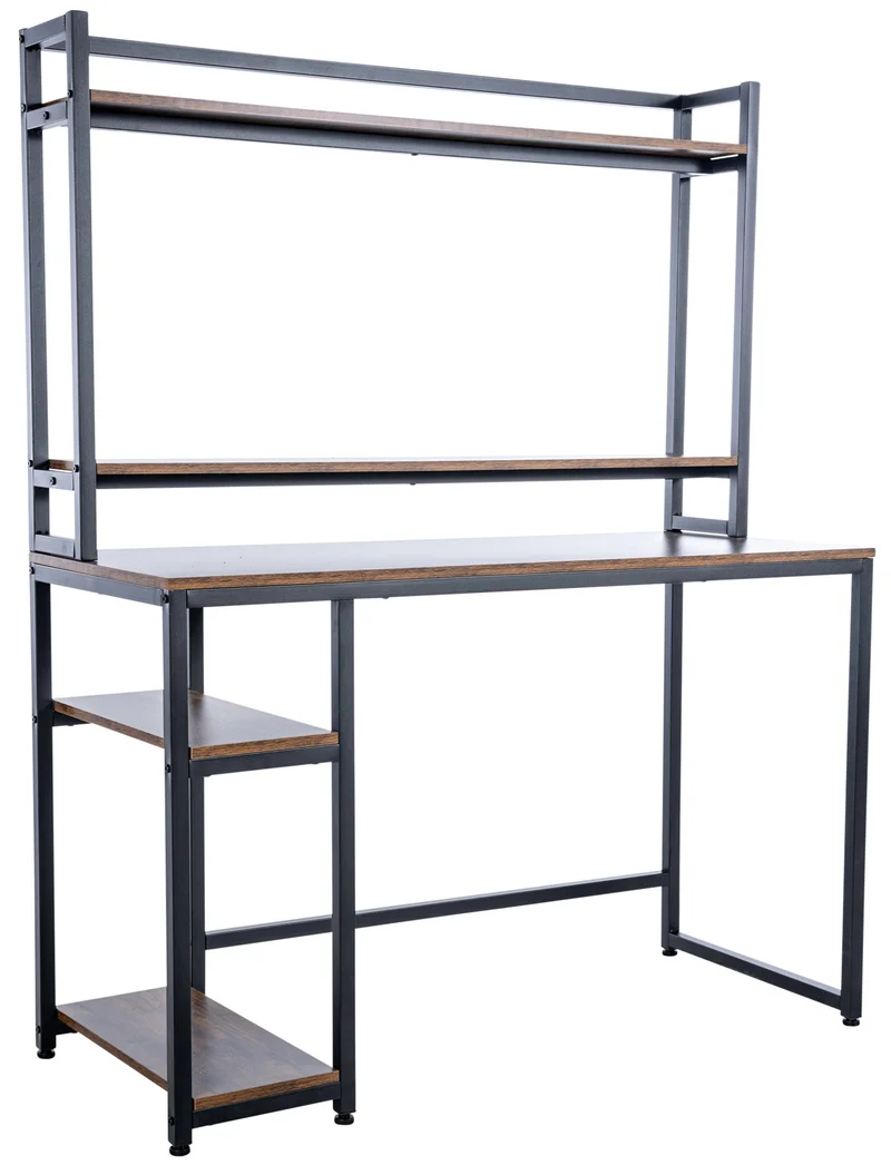 Bureau table d'ordinateur avec étagère et espaces de rangement design retro industriel en bois et métal noir 10_0005521