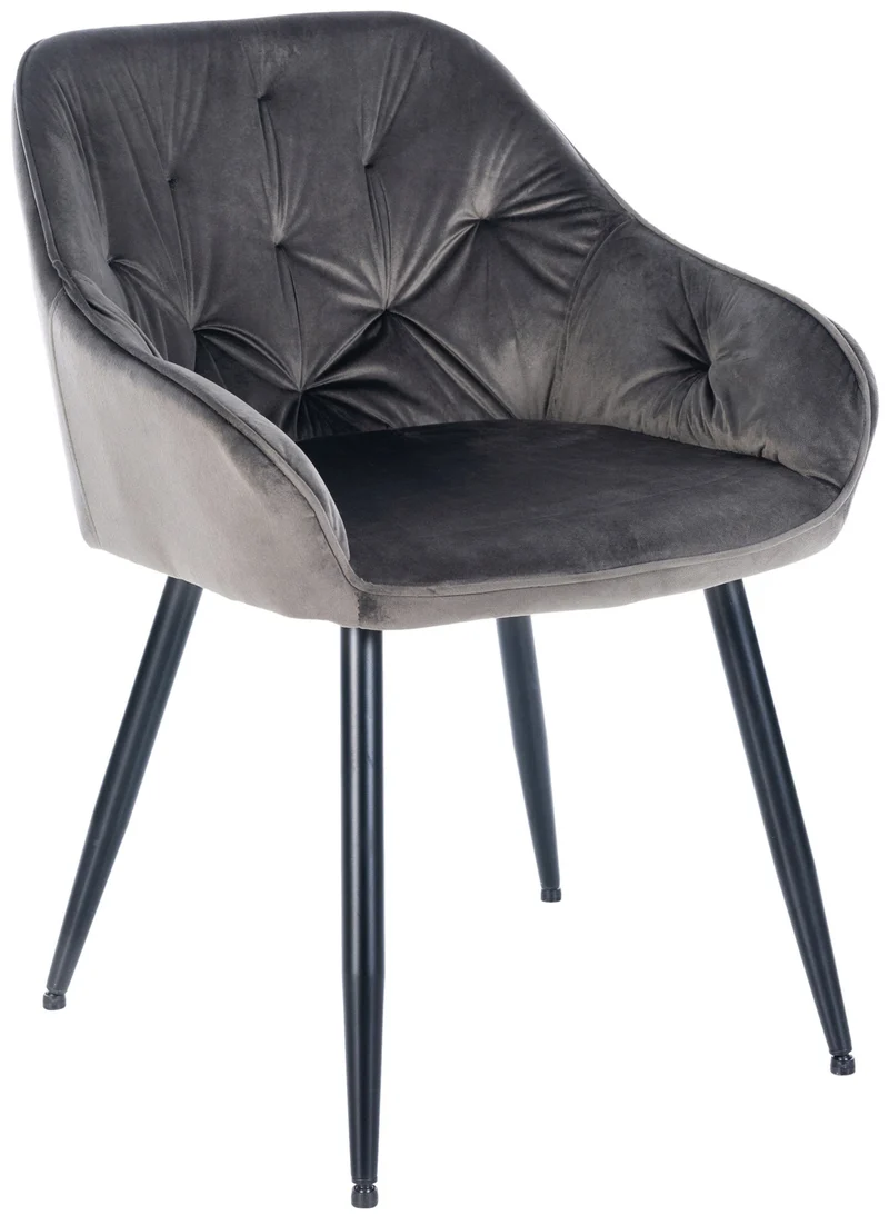 Chaise de salle à manger retro assise capitonnné en velours gris foncé et pieds en métal noir 10_0005488