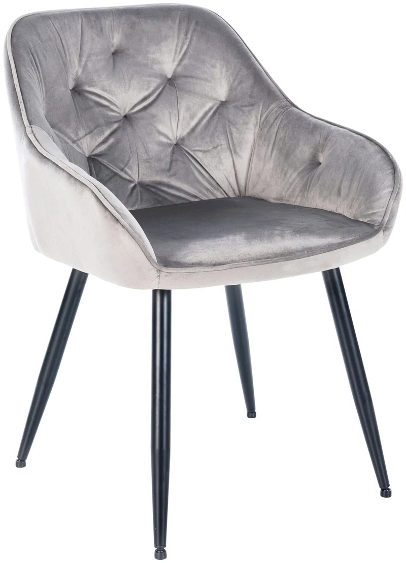 Chaise de salle à manger retro assise capitonnné en velours gris clair et pieds en métal noir 10_0005487