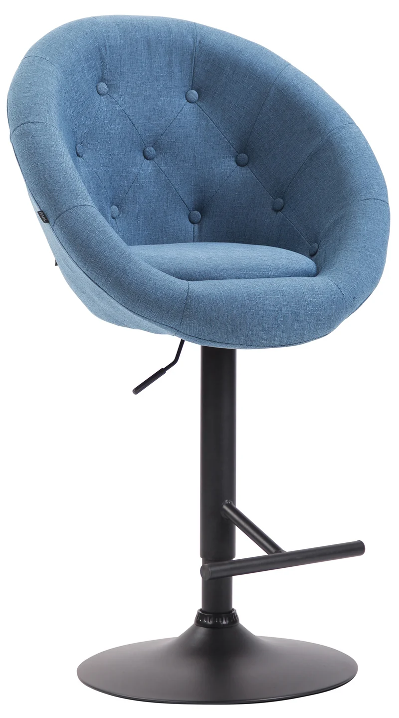 Tabouret de bar design moderne forme œuf capitonné avec repose-pieds en métal noir tissu bleu TDB10321