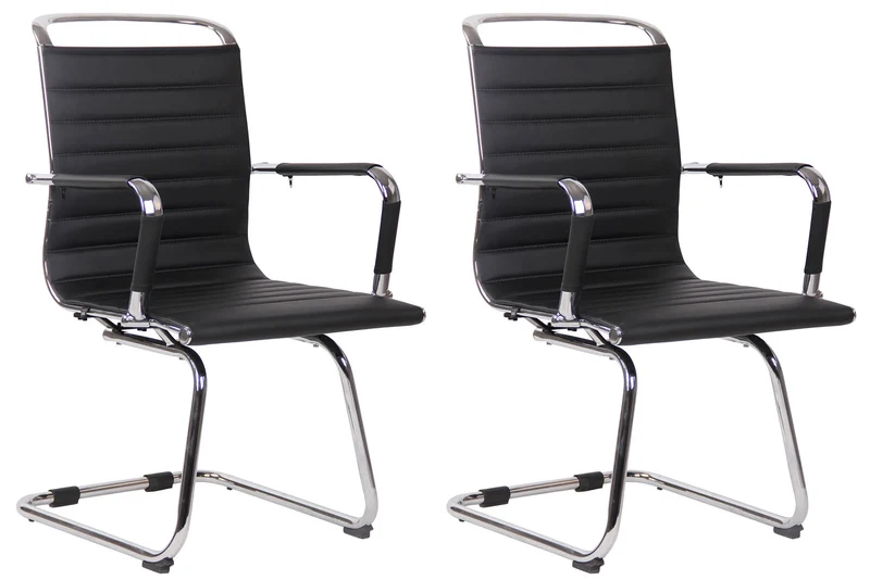Chaises de bureau fauteuils sans roulettes x2 piétement luge en métal chromé assise en PVC noir 10_0003106