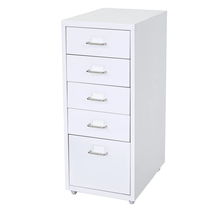 Caisson à tiroirs meuble de rangement bureau sur roulettes 69x28x41cm 5 tiroirs acier blanc 04_0004353