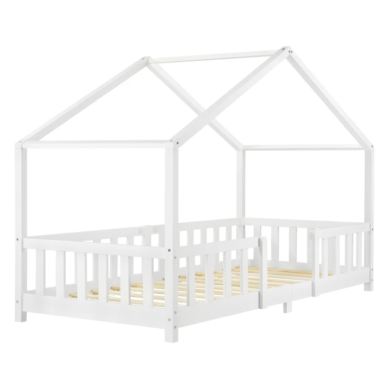 Lit d'enfant design en forme maison avec barrière sécurité construction solide bois de pin contreplaqué blanc 90x200 cm 03_0005465