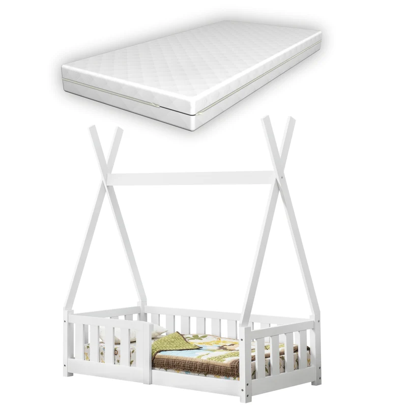 Lit d'enfant cabane avec matelas et barrière de protection en pin contreplaqué blanc 03_0001670