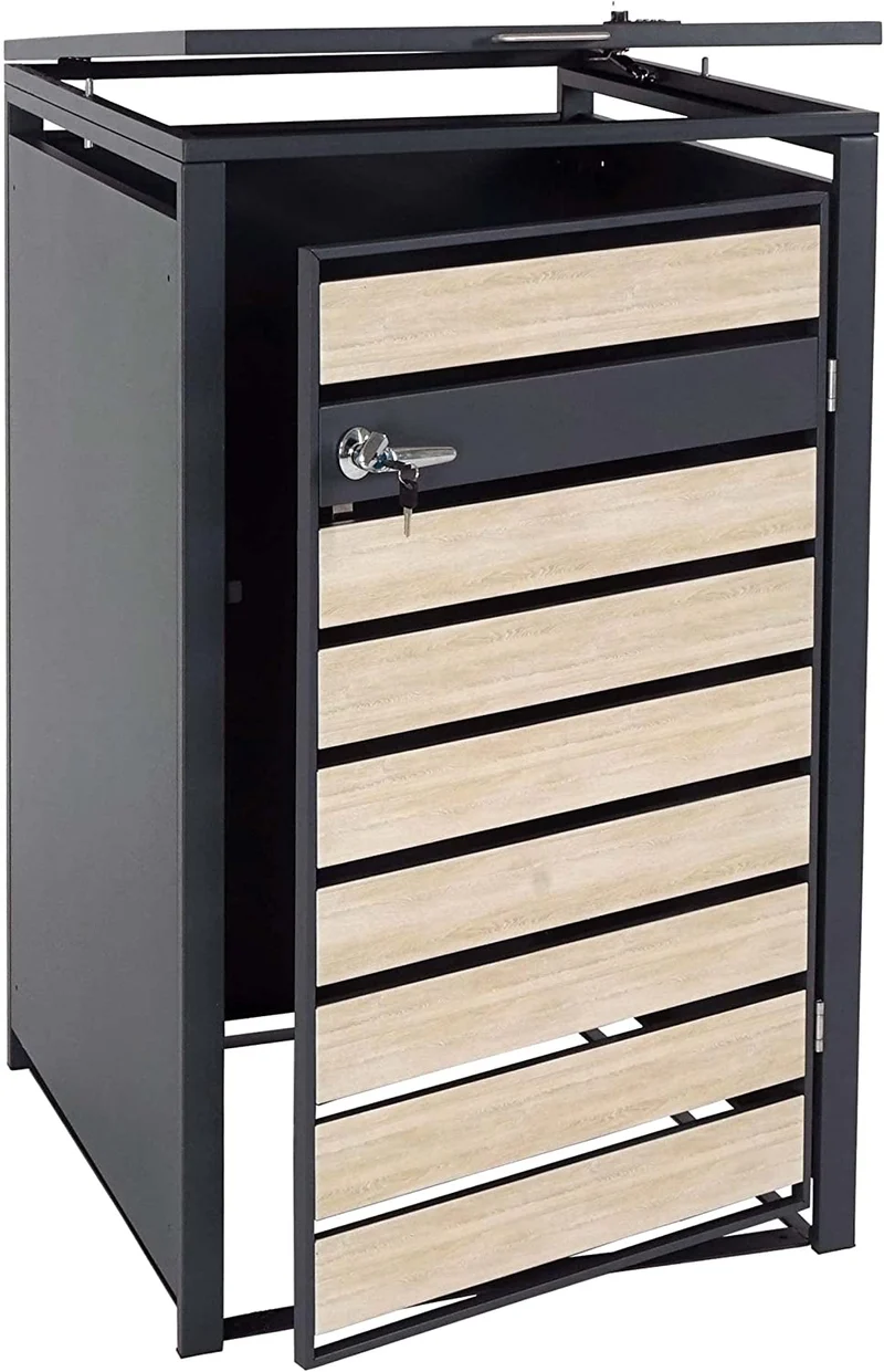 Abri de poubelle vérouillable en métal anthracite aspect bois de hêtre marron clair MDJ04177