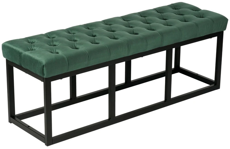 Banquette capitonné bout de lit en tissu velours vert support en métal noir 120 cm BAN10111