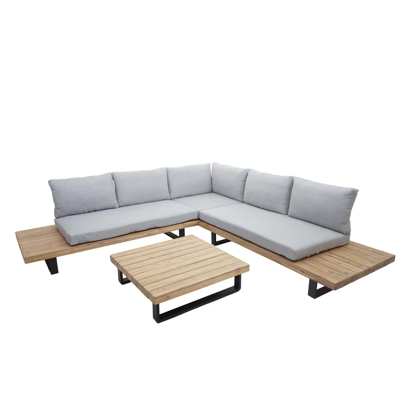 Salon de jardin terrasse balcon luxe ensemble canapé table en bois FSC certifié coussin gris clair 04_0003261
