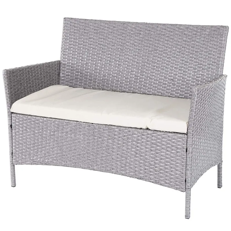 Banc de jardin banquette en polyrotin gris avec coussin crème MDJ04139