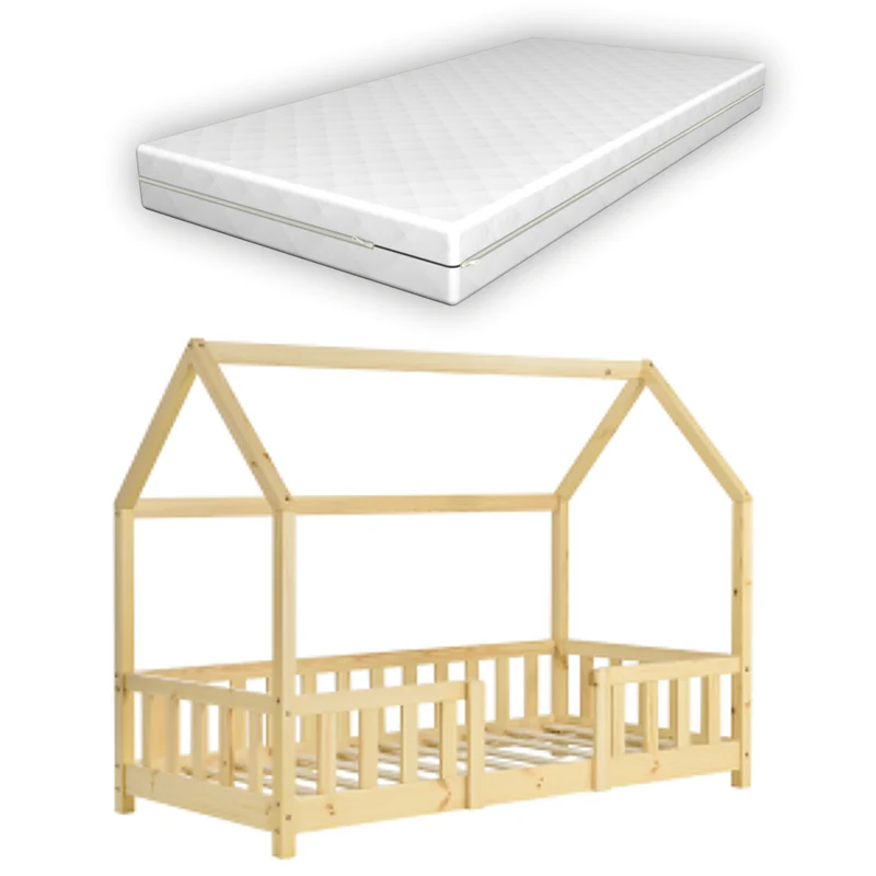 Lit pour enfant cabane maison avec matelas barrière et sommier à lattes en bois de pin naturel 70 x 140 cm 03_0005481