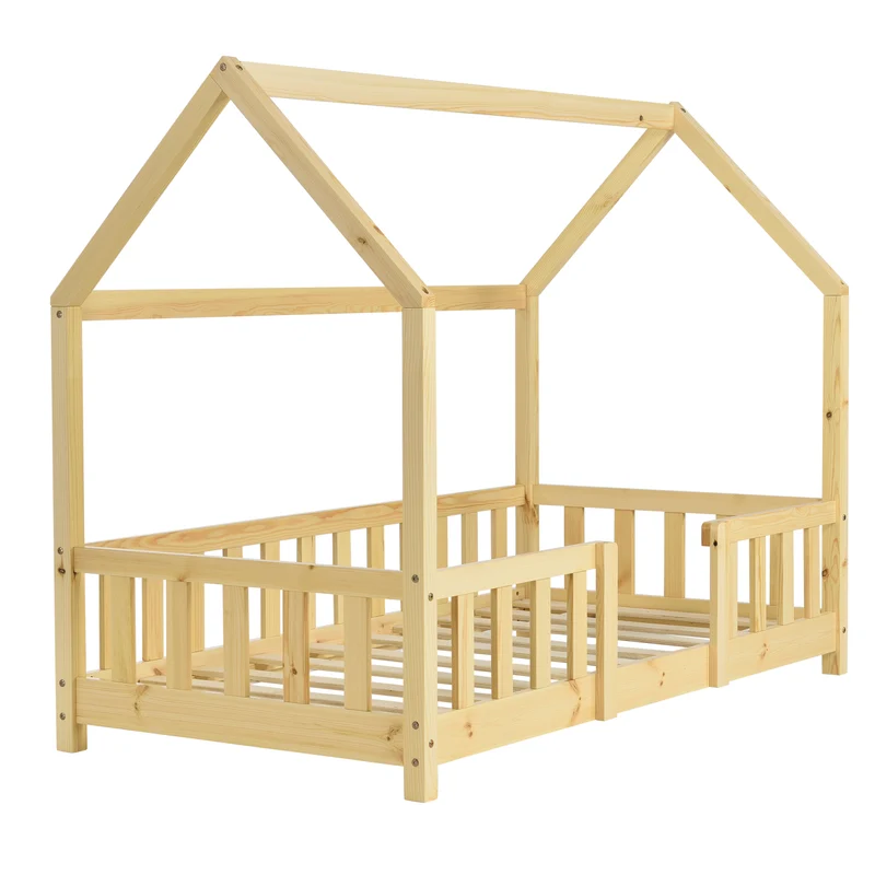 Lit pour enfant cabane maison avec barrière et sommier à lattes en bois de pin naturel 70 x 140 cm 03_0005487