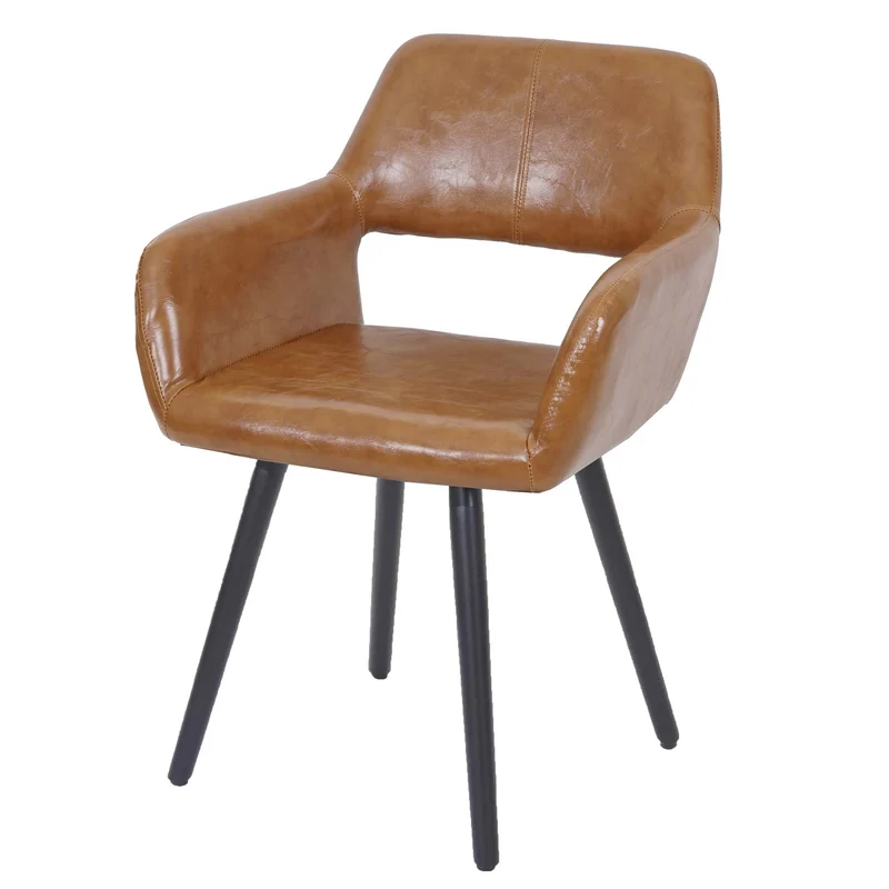 Chaise de salle à manger bureau visiteur sans roulette design rétro en synthétique marron pied en bois foncé 04_0002145