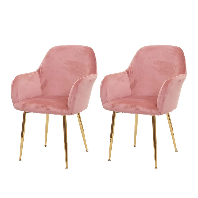 Lot de 2 chaises de salle à manger design rétro en tissu velours rose pieds métal dorés 04_0000379