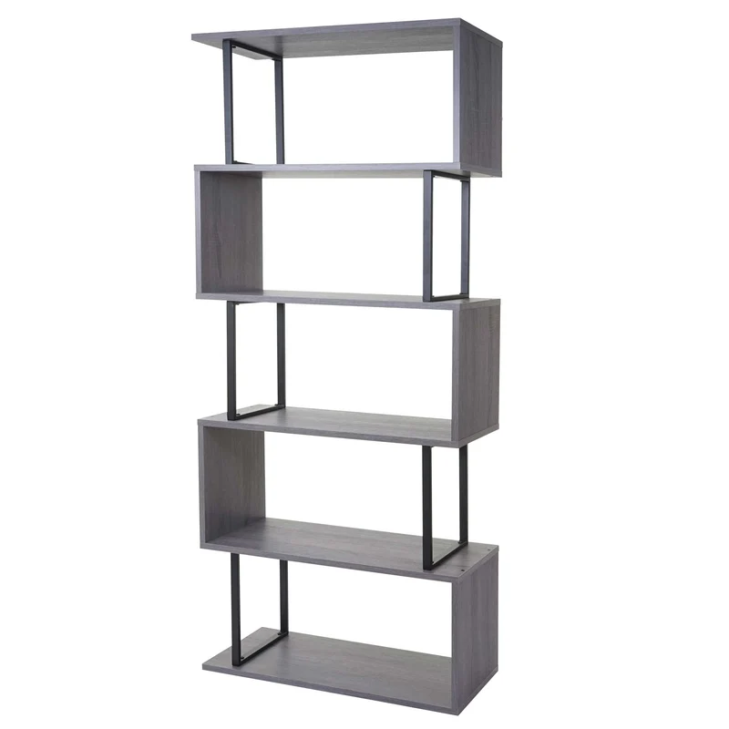 Bibliothèque étagère de salon 183x80cm 5 niveaux gris, métal noir 04_0001279