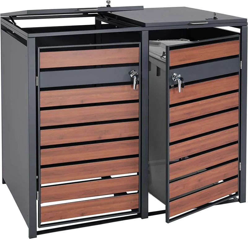 Abri de poubelle en métal pour deux poubelles de 80 à 240 litres anthracite aspect bois de cerisier brun foncé MDJ04176