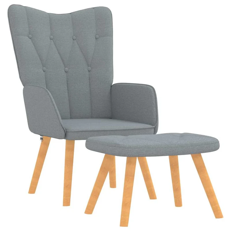 Fauteuil lounge chaise de canapé design moderne avec repose-pieds en tissu gris clair capitonné DEC026574