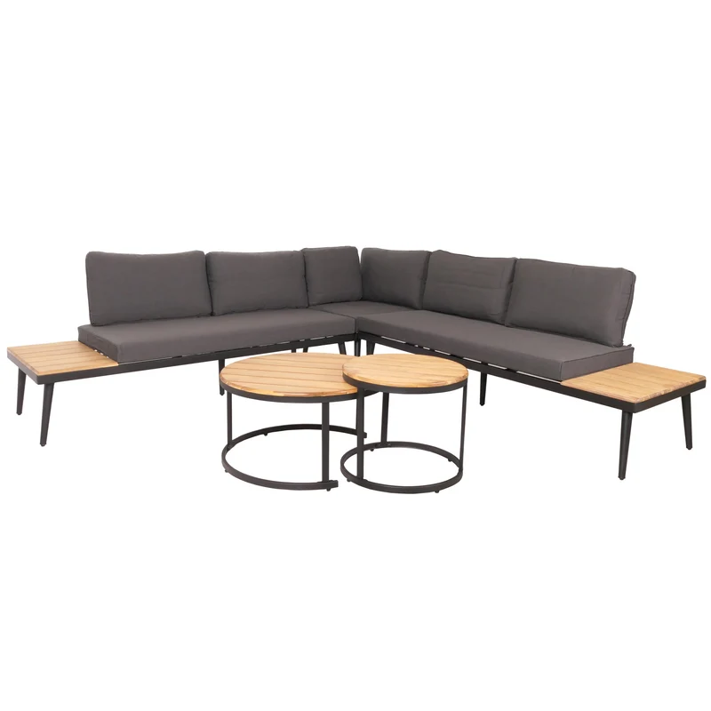 Salon de jardin avec deux tables d'appoint en bois d'acacia acier et coussins gris foncé 04_0008306