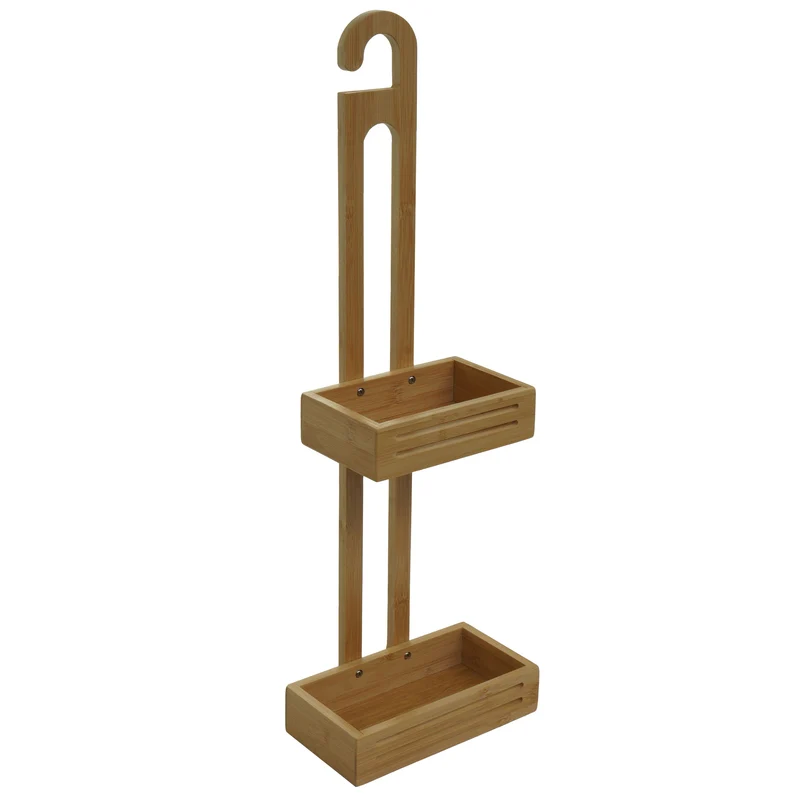 Étagère de douche avec 2 paniers et un crochet de suspension organisateur de salle de bain en bambou 69x22x13 cm 04_0008643