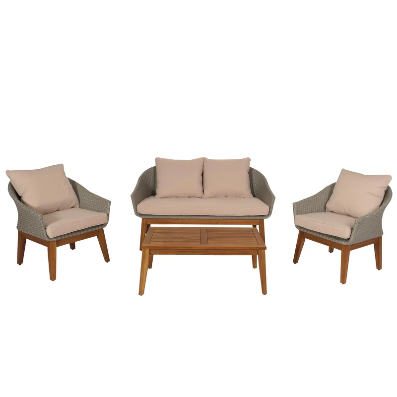 Salon de jardin canapé fauteuils et table en poly rotin et bois d'acacia avec coussins beige 04_0008322