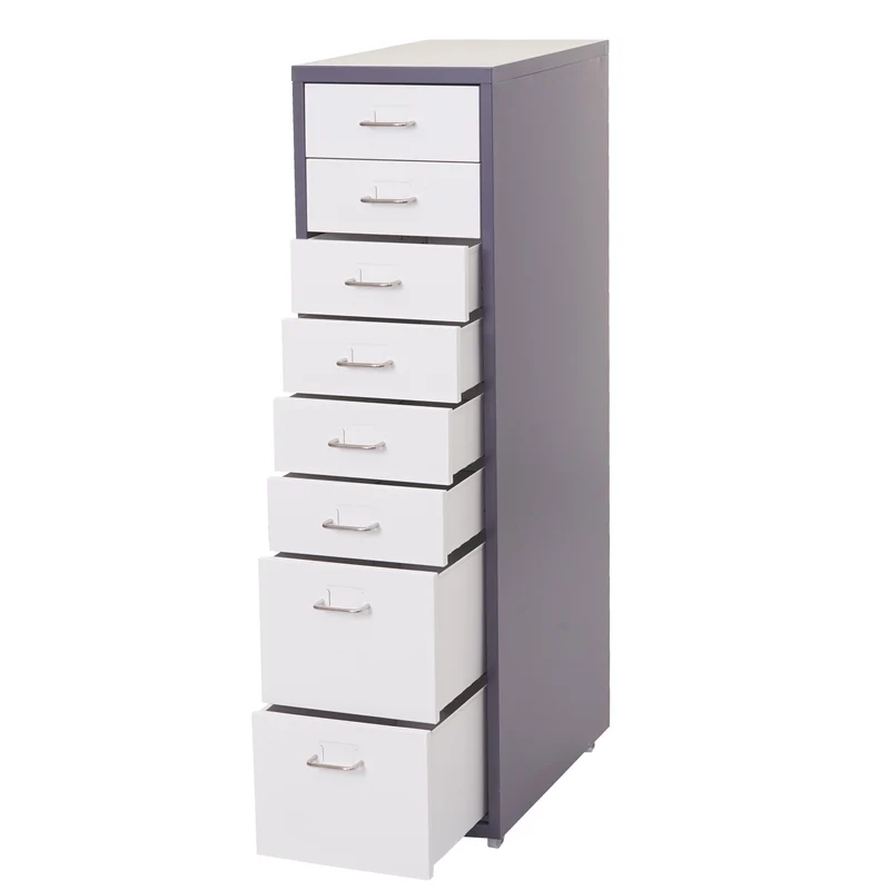 Caisson à tiroirs armoire d bureau 110x28x41 cm 8 tiroirs en acier gris foncé blanc 04_0008258