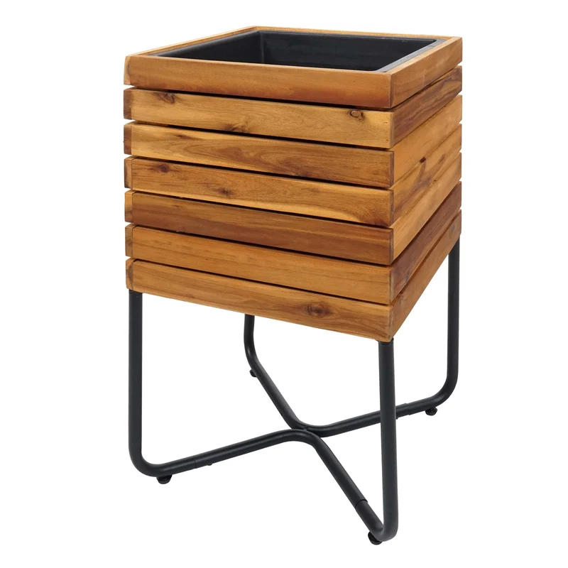 Jardinière cache-pot carré 60 x 33 x 33 cm pour extérieur acier et bois d'acacia marron 04_0007221