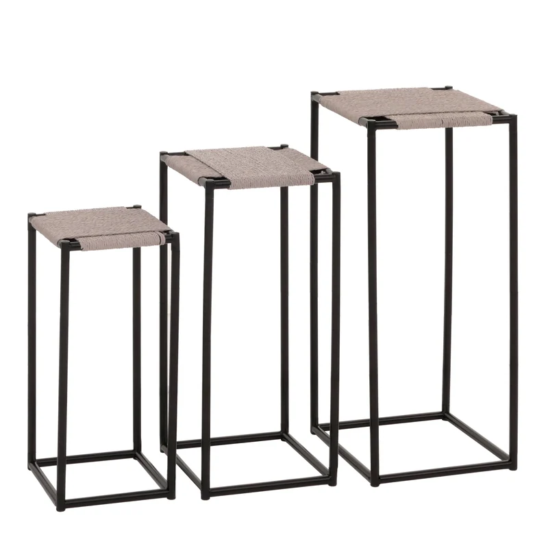 Lot de 3 tables à fleurs table d'appoint support à fleurs étagère empilable métal papier corde gris 04_0007507
